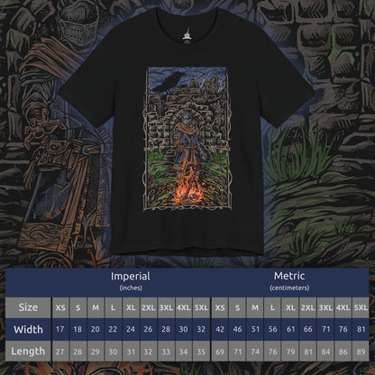 Size chart of a T-shirt featuring the Chosen Undead at Firelink Shrine from Dark Souls, the weary hero resting at the hub of Lordran’s journey. Surrounded by crumbling ruins, the bonfire burns as a fragile beacon of hope in a dying world. This design captures the solitude, determination, and quiet reflection of the Undead’s cursed pilgrimage.