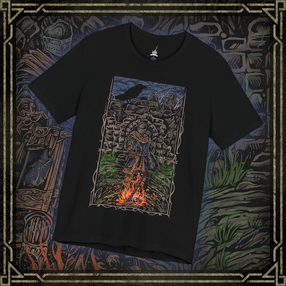 Thumbnail of a T-shirt featuring the Chosen Undead at Firelink Shrine from Dark Souls, the weary hero resting at the hub of Lordran’s journey. Surrounded by crumbling ruins, the bonfire burns as a fragile beacon of hope in a dying world. This design captures the solitude, determination, and quiet reflection of the Undead’s cursed pilgrimage.