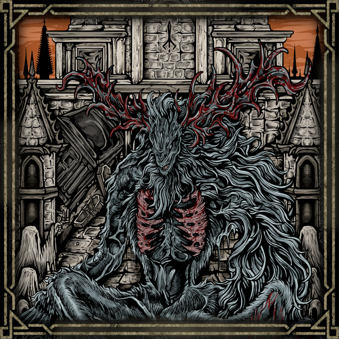 Concept Art of Cleric Beast. The Cleric Beast is a tragic herald of Bloodborne’s themes—transformation, corruption, and loss of humanity. Once a devout cleric, it succumbed to the scourge of beasts through bloodlust. Its towering form and unrelenting violence mark the player’s first true test against the horror of Yharnam’s theology.