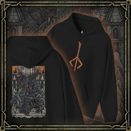 Thumbnail of a Hooded Sweatshirt featuring the Cleric Beast from Bloodborne, the towering, grotesque abomination that haunts the Great Bridge of Yharnam. Once a devout cleric of the Healing Church, this beast has succumbed to the scourge, its massive, fur-covered body and twisted antlers embodying the horrors of transformation. With piercing roars and frenzied, clawed attacks, the Cleric Beast stands as a terrifying testament to Yharnam’s cursed faith. A must-have for fans of Bloodborne.
