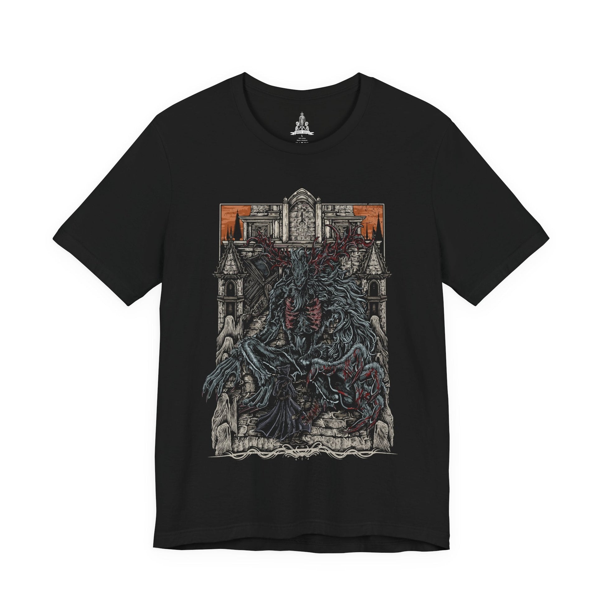 Image 4 of a T-shirt featuring the Cleric Beast from Bloodborne, the towering, malformed nightmare that roams the Great Bridge of Yharnam. Once a holy cleric of the Healing Church, this beast has succumbed to the scourge of the beast plague, its twisted body covered in matted fur and gnarled antlers. With its deafening roars and frenzied strength, the Cleric Beast is a terrifying symbol of Yharnam’s cursed faith. A must-have for fans of Bloodborne’s gothic horror and brutal boss battles.