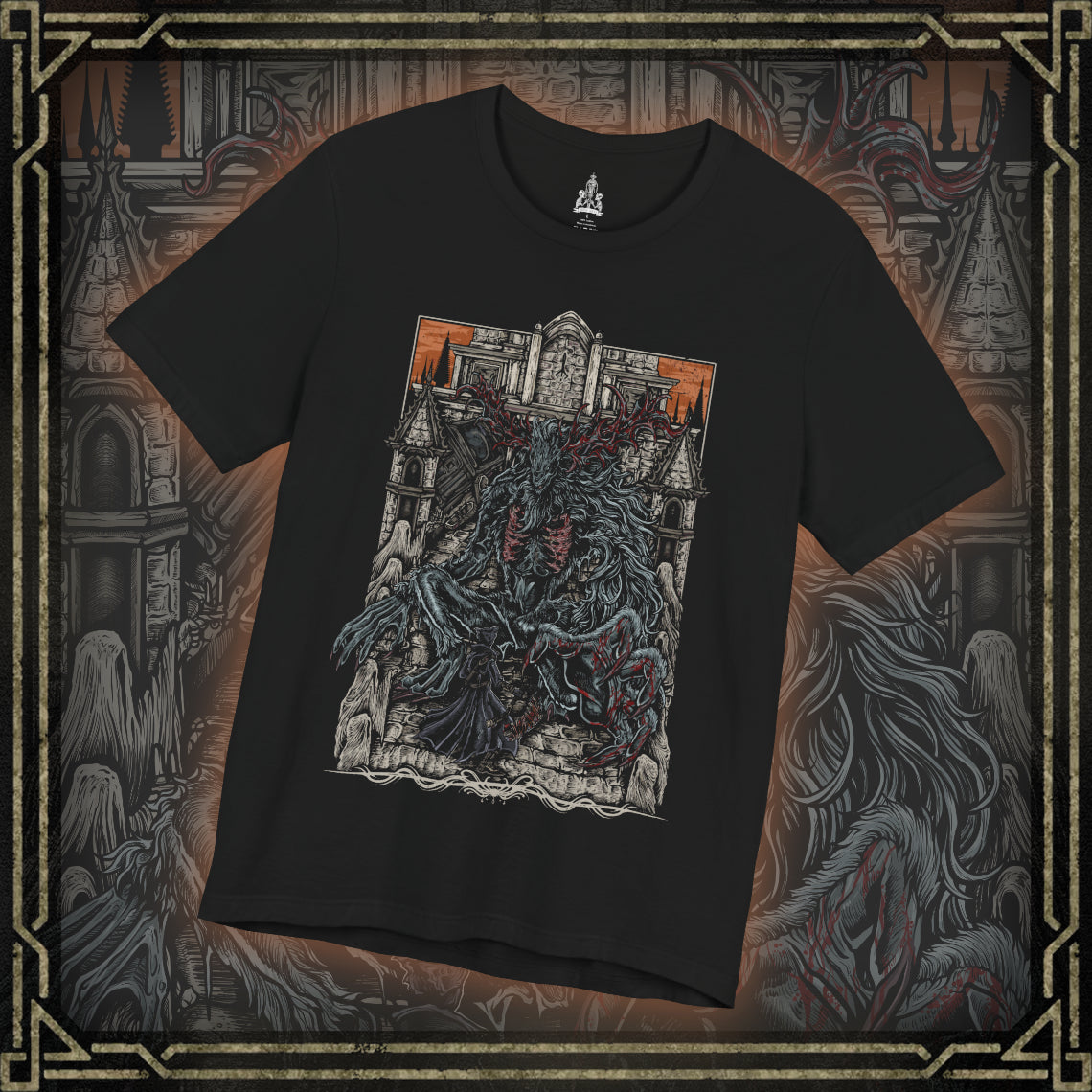 Thumbnail of a T-shirt featuring the Cleric Beast from Bloodborne, the towering, malformed nightmare that roams the Great Bridge of Yharnam. Once a holy cleric of the Healing Church, this beast has succumbed to the scourge of the beast plague, its twisted body covered in matted fur and gnarled antlers. With its deafening roars and frenzied strength, the Cleric Beast is a terrifying symbol of Yharnam’s cursed faith. A must-have for fans of Bloodborne’s gothic horror and brutal boss battles.