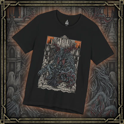 Thumbnail of a T-shirt featuring the Cleric Beast from Bloodborne, the towering, malformed nightmare that roams the Great Bridge of Yharnam. Once a holy cleric of the Healing Church, this beast has succumbed to the scourge of the beast plague, its twisted body covered in matted fur and gnarled antlers. With its deafening roars and frenzied strength, the Cleric Beast is a terrifying symbol of Yharnam’s cursed faith. A must-have for fans of Bloodborne’s gothic horror and brutal boss battles.