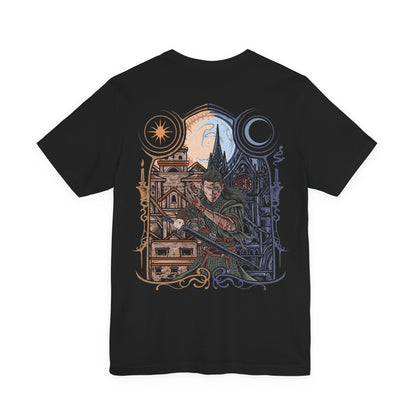 Image 5 of a T-Shirt artwork depicting Coen standing between two worlds, his human warrior form seamlessly transforming into a fearsome vampire. His sword represents honor and resolve, while razor-sharp fangs and supernatural features reveal the curse he cannot escape. The dramatic contrast of daylight and darkness captures the essence of The Blood of Dawnwalker and its unforgettable tale of duality.