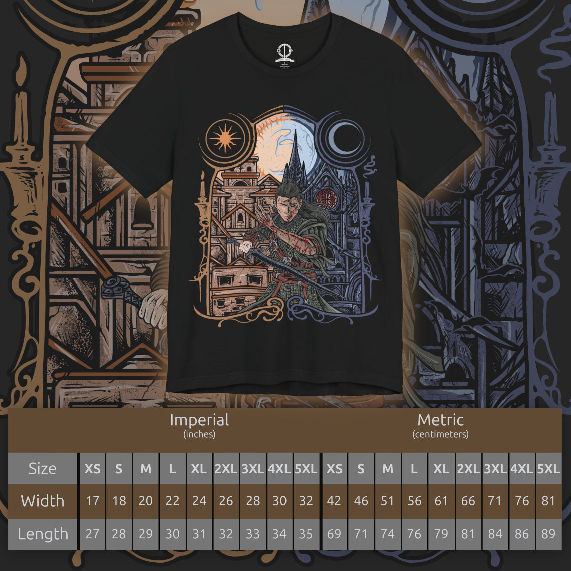 Size chart of a T-Shirt artwork depicting Coen standing between two worlds, his human warrior form seamlessly transforming into a fearsome vampire. His sword represents honor and resolve, while razor-sharp fangs and supernatural features reveal the curse he cannot escape. The dramatic contrast of daylight and darkness captures the essence of The Blood of Dawnwalker and its unforgettable tale of duality.