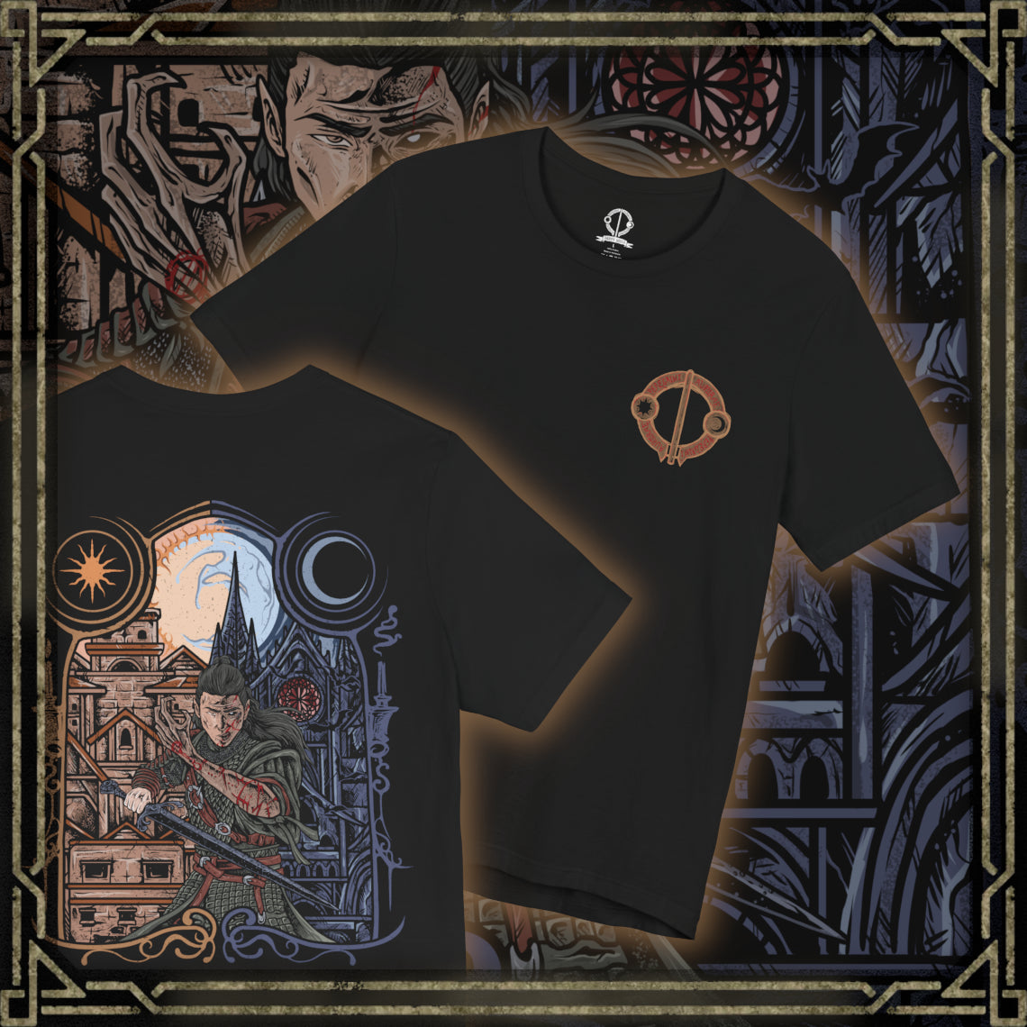 Thumbnail of a T-Shirt artwork depicting Coen standing between two worlds, his human warrior form seamlessly transforming into a fearsome vampire. His sword represents honor and resolve, while razor-sharp fangs and supernatural features reveal the curse he cannot escape. The dramatic contrast of daylight and darkness captures the essence of The Blood of Dawnwalker and its unforgettable tale of duality.