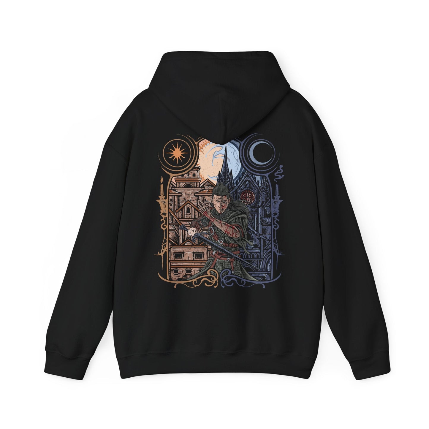 Image 5 of a Hooded Sweatshirt depicting Coen embracing both sides of his destiny, with one half portraying the determined human protector and the other revealing the powerful vampire lurking within. The split composition blends medieval fantasy with gothic horror, emphasizing the battle between duty and bloodlust. This design celebrates the iconic day-and-night transformation at the heart of The Blood of Dawnwalker.