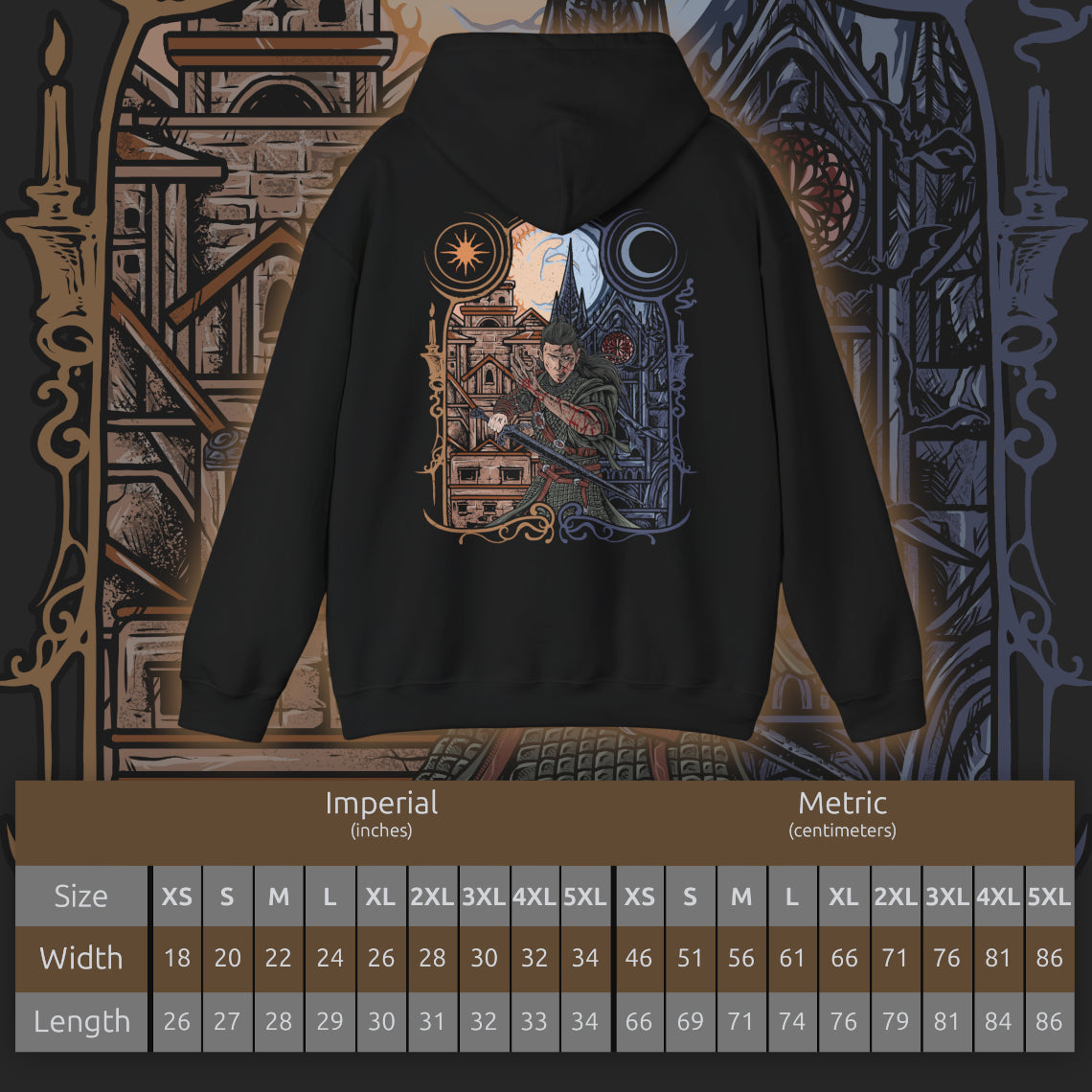 Size chart of a Hooded Sweatshirt depicting Coen embracing both sides of his destiny, with one half portraying the determined human protector and the other revealing the powerful vampire lurking within. The split composition blends medieval fantasy with gothic horror, emphasizing the battle between duty and bloodlust. This design celebrates the iconic day-and-night transformation at the heart of The Blood of Dawnwalker.