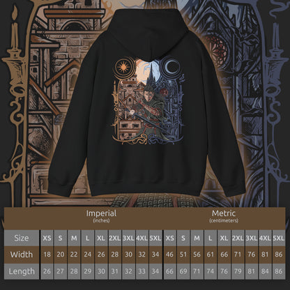 Size chart of a Hooded Sweatshirt depicting Coen embracing both sides of his destiny, with one half portraying the determined human protector and the other revealing the powerful vampire lurking within. The split composition blends medieval fantasy with gothic horror, emphasizing the battle between duty and bloodlust. This design celebrates the iconic day-and-night transformation at the heart of The Blood of Dawnwalker.