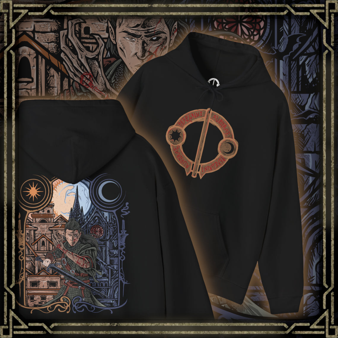 Thumbnail of a Hooded Sweatshirt depicting Coen embracing both sides of his destiny, with one half portraying the determined human protector and the other revealing the powerful vampire lurking within. The split composition blends medieval fantasy with gothic horror, emphasizing the battle between duty and bloodlust. This design celebrates the iconic day-and-night transformation at the heart of The Blood of Dawnwalker.
