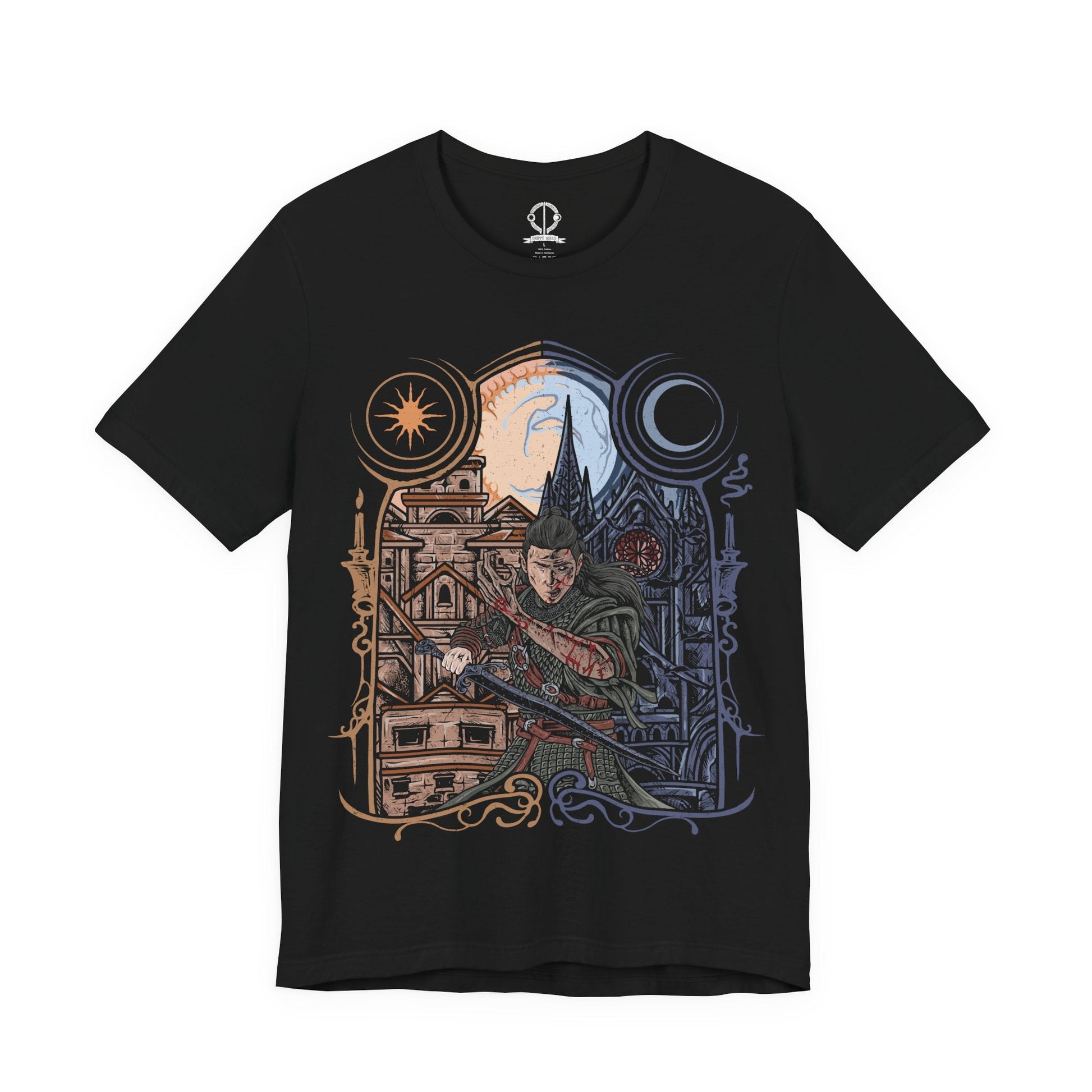 Image 4 of a T-Shirt artwork depicting Coen split between his human and vampire forms, wielding a sword by day while his monstrous nature emerges beneath the cover of night. Light and shadow divide the composition as medieval armor, glowing eyes, and vampiric features symbolize his cursed existence. This design reflects sacrifice, inner conflict, and the relentless struggle between humanity and darkness that defines The Blood of Dawnwalker.