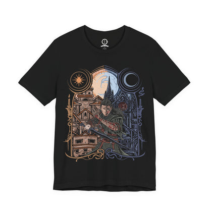 Image 4 of a T-Shirt artwork depicting Coen split between his human and vampire forms, wielding a sword by day while his monstrous nature emerges beneath the cover of night. Light and shadow divide the composition as medieval armor, glowing eyes, and vampiric features symbolize his cursed existence. This design reflects sacrifice, inner conflict, and the relentless struggle between humanity and darkness that defines The Blood of Dawnwalker.
