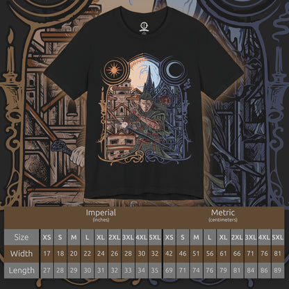 Size chart of a T-Shirt artwork depicting Coen split between his human and vampire forms, wielding a sword by day while his monstrous nature emerges beneath the cover of night. Light and shadow divide the composition as medieval armor, glowing eyes, and vampiric features symbolize his cursed existence. This design reflects sacrifice, inner conflict, and the relentless struggle between humanity and darkness that defines The Blood of Dawnwalker.