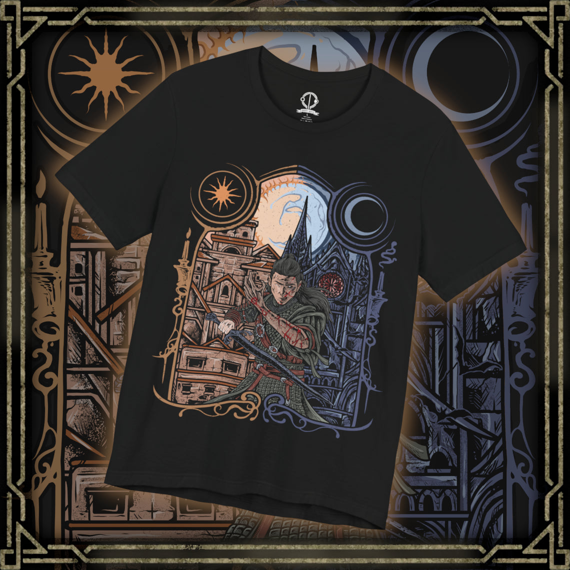 Thumbnail of a T-Shirt artwork depicting Coen split between his human and vampire forms, wielding a sword by day while his monstrous nature emerges beneath the cover of night. Light and shadow divide the composition as medieval armor, glowing eyes, and vampiric features symbolize his cursed existence. This design reflects sacrifice, inner conflict, and the relentless struggle between humanity and darkness that defines The Blood of Dawnwalker.