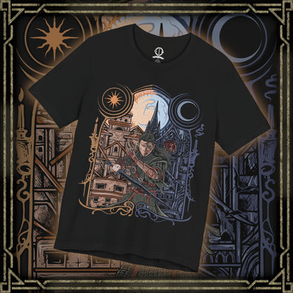 Thumbnail of a T-Shirt artwork depicting Coen split between his human and vampire forms, wielding a sword by day while his monstrous nature emerges beneath the cover of night. Light and shadow divide the composition as medieval armor, glowing eyes, and vampiric features symbolize his cursed existence. This design reflects sacrifice, inner conflict, and the relentless struggle between humanity and darkness that defines The Blood of Dawnwalker.