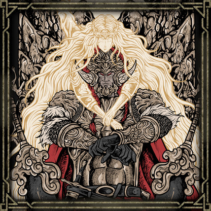 Artwork of Consort Radahn. Consort Radahn and Miquella represent a tragic union born of divine ambition. After abandoning his flesh, Miquella seeks to usher in a new age free from the Golden Order’s cruelty, choosing Radahn as his promised consort. Once a peerless general, Radahn is bound to Miquella’s vision, symbolizing the cost of godhood and the loss of mortal will.