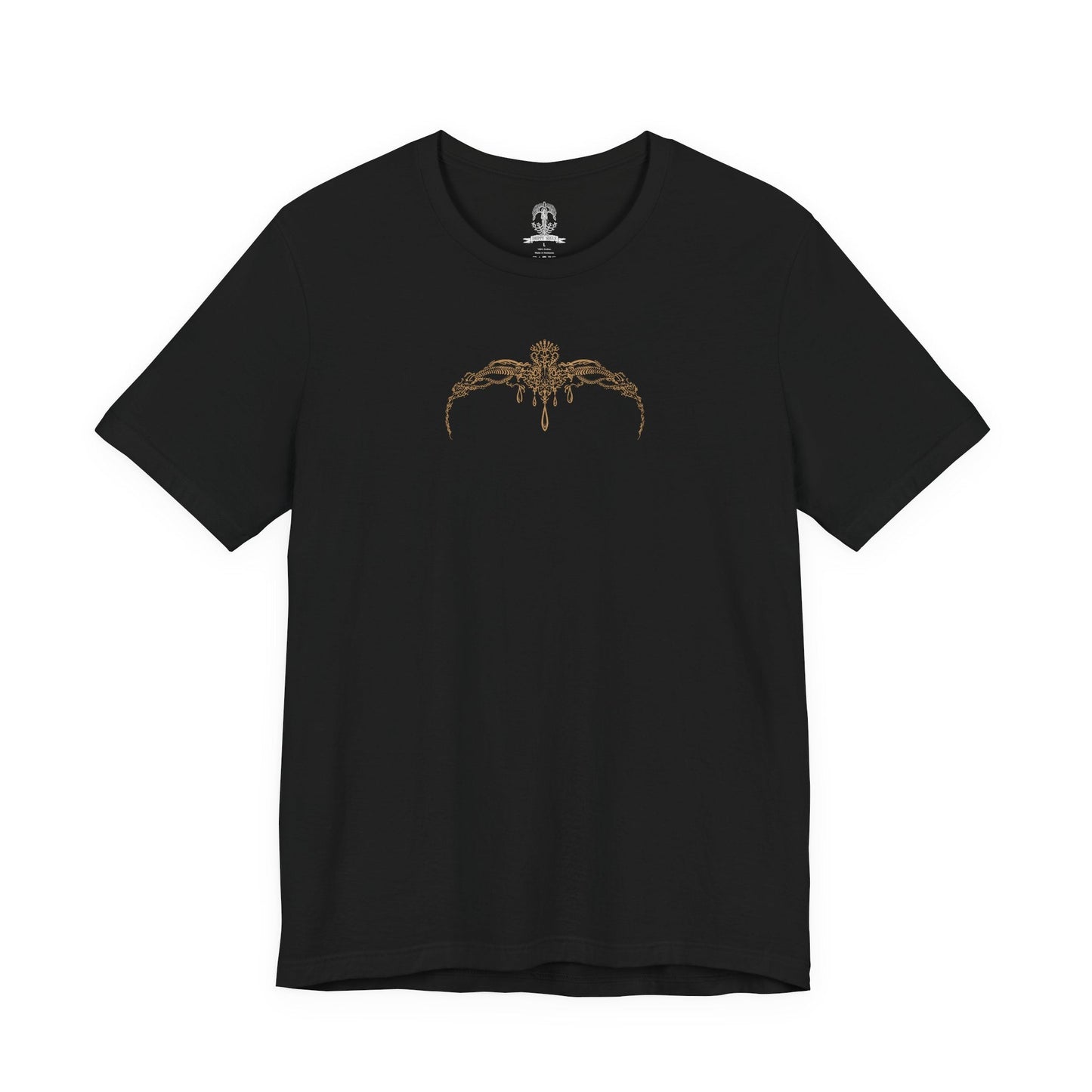 Image 4 of a T-shirt artwork portraying Radahn as Miquella’s consort, his once-glorious strength reduced to a vessel of warped loyalty. Golden threads and withered haligtree roots surround them, reflecting Miquella’s influence and ambition. The design captures the tragic corruption of heroism, the subversion of fate, and the cost of reshaping the world through devotion and control.