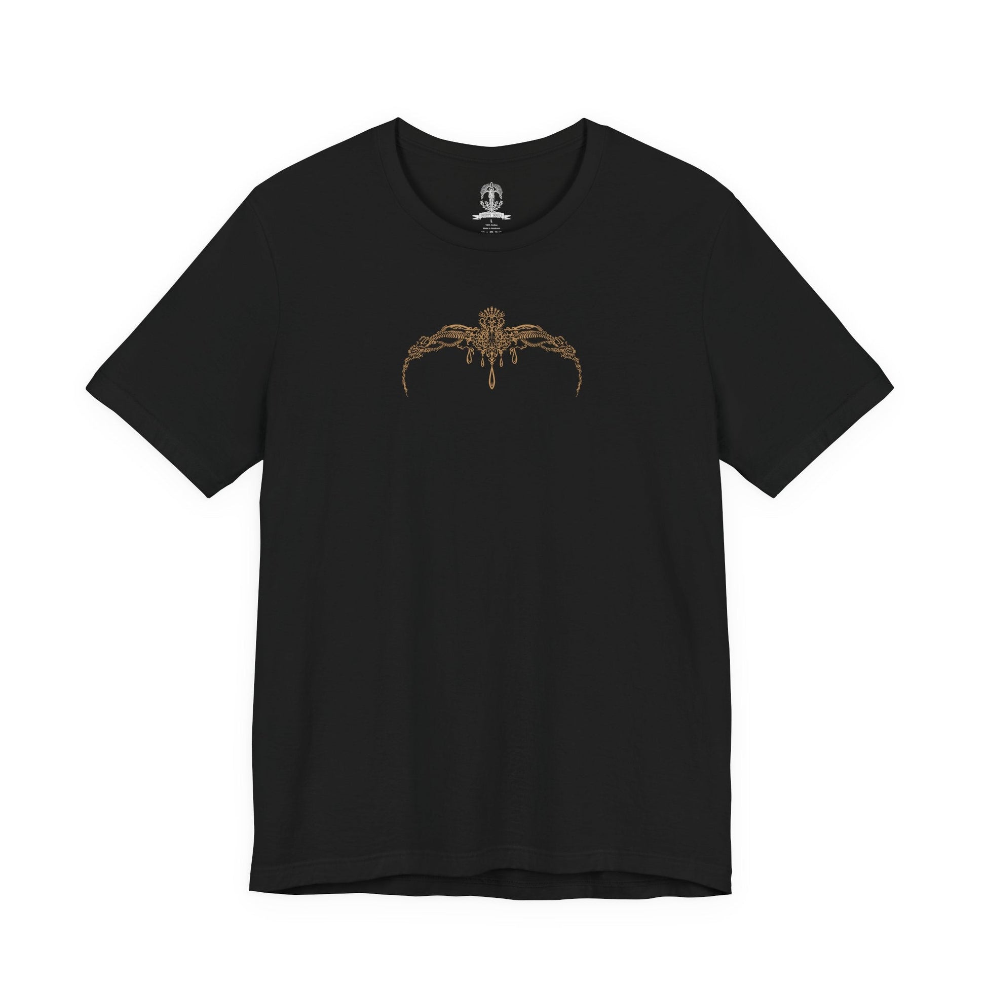 Image 4 of a T-shirt artwork portraying Radahn as Miquella’s consort, his once-glorious strength reduced to a vessel of warped loyalty. Golden threads and withered haligtree roots surround them, reflecting Miquella’s influence and ambition. The design captures the tragic corruption of heroism, the subversion of fate, and the cost of reshaping the world through devotion and control.