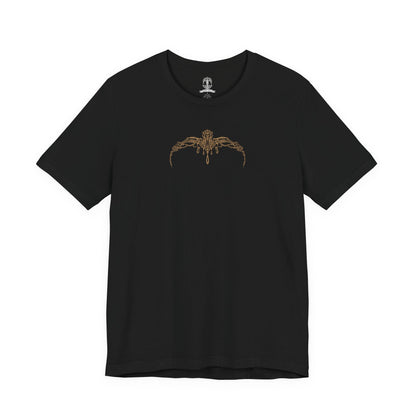 Image 4 of a T-shirt artwork portraying Radahn as Miquella’s consort, his once-glorious strength reduced to a vessel of warped loyalty. Golden threads and withered haligtree roots surround them, reflecting Miquella’s influence and ambition. The design captures the tragic corruption of heroism, the subversion of fate, and the cost of reshaping the world through devotion and control.