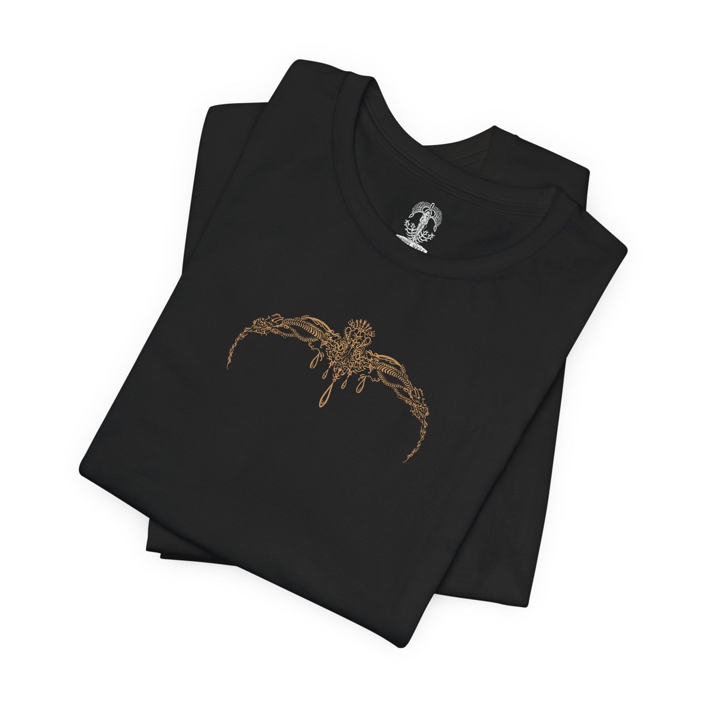 Image 6 of a T-shirt artwork portraying Radahn as Miquella’s consort, his once-glorious strength reduced to a vessel of warped loyalty. Golden threads and withered haligtree roots surround them, reflecting Miquella’s influence and ambition. The design captures the tragic corruption of heroism, the subversion of fate, and the cost of reshaping the world through devotion and control.