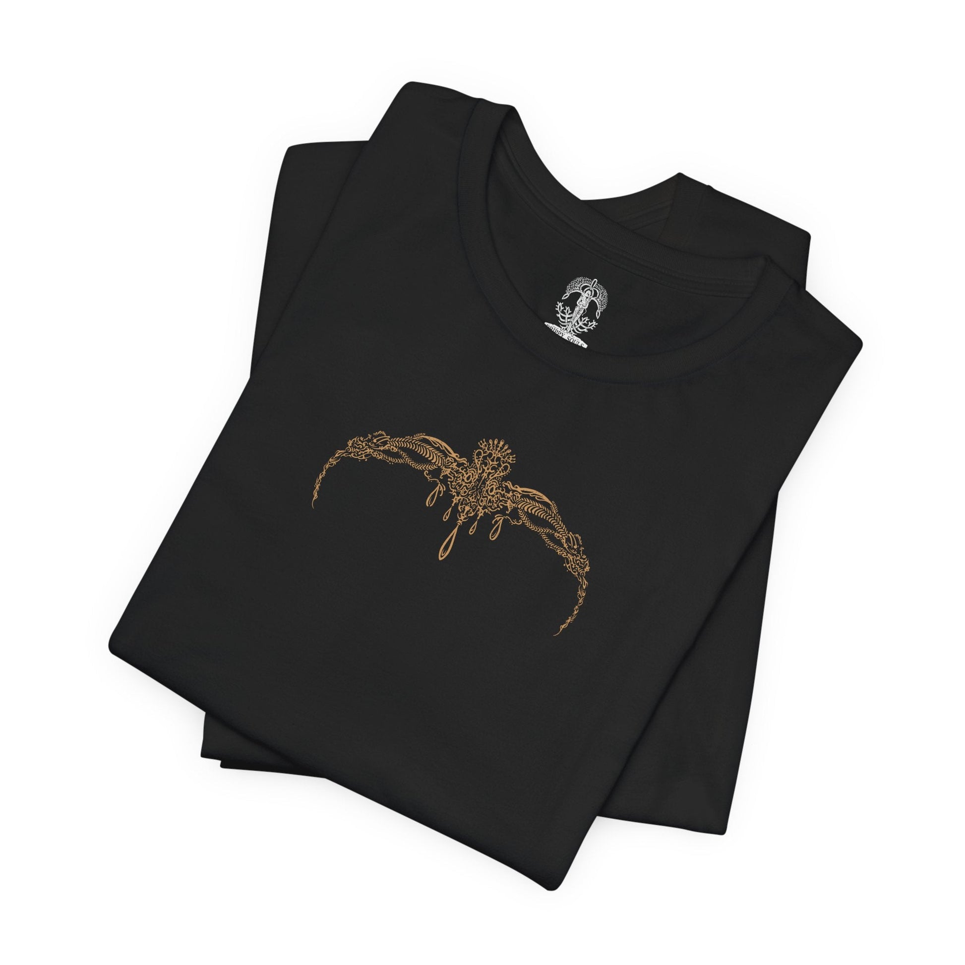 Image 6 of a T-shirt artwork portraying Radahn as Miquella’s consort, his once-glorious strength reduced to a vessel of warped loyalty. Golden threads and withered haligtree roots surround them, reflecting Miquella’s influence and ambition. The design captures the tragic corruption of heroism, the subversion of fate, and the cost of reshaping the world through devotion and control.