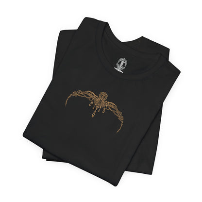 Image 6 of a T-shirt artwork portraying Radahn as Miquella’s consort, his once-glorious strength reduced to a vessel of warped loyalty. Golden threads and withered haligtree roots surround them, reflecting Miquella’s influence and ambition. The design captures the tragic corruption of heroism, the subversion of fate, and the cost of reshaping the world through devotion and control.