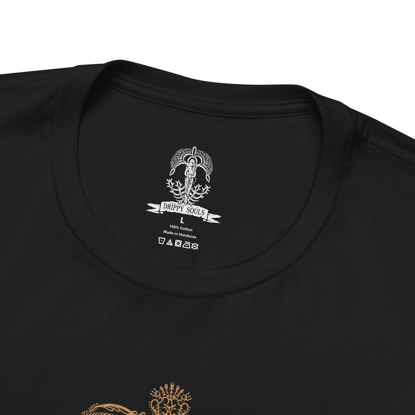 Folded T-shirt artwork portraying Radahn as Miquella’s consort, his once-glorious strength reduced to a vessel of warped loyalty. Golden threads and withered haligtree roots surround them, reflecting Miquella’s influence and ambition. The design captures the tragic corruption of heroism, the subversion of fate, and the cost of reshaping the world through devotion and control.