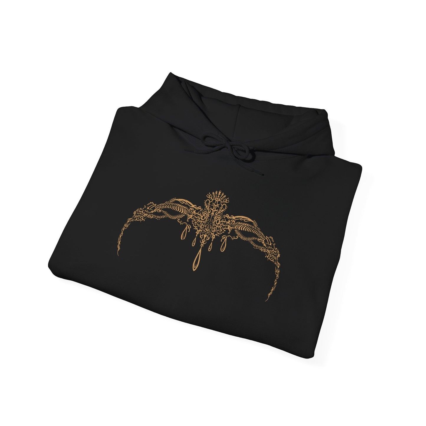 Image 6 of a Hooded Sweatshirt of Miquella guiding Consort Radahn beneath an eclipse-lit sky, blending innocence with quiet menace. Radahn’s massive frame bears the scars of endless war, while Miquella embodies eternal youth and hidden power. This design emphasizes themes of dominance, sacrifice, and the unsettling union that reshapes destiny in the Lands Between.