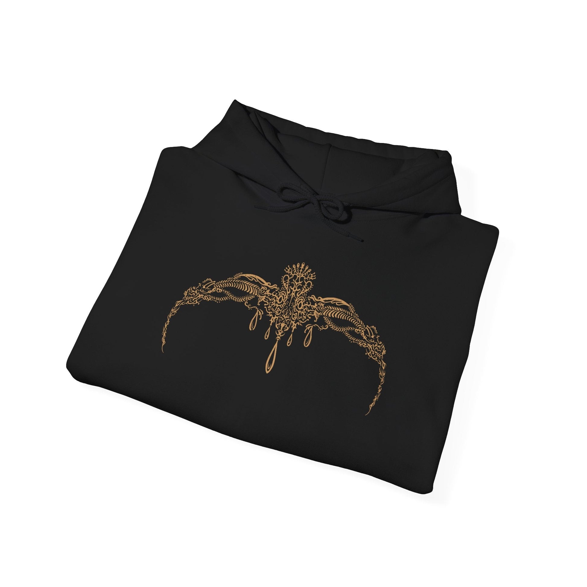 Image 6 of a Hooded Sweatshirt of Miquella guiding Consort Radahn beneath an eclipse-lit sky, blending innocence with quiet menace. Radahn’s massive frame bears the scars of endless war, while Miquella embodies eternal youth and hidden power. This design emphasizes themes of dominance, sacrifice, and the unsettling union that reshapes destiny in the Lands Between.
