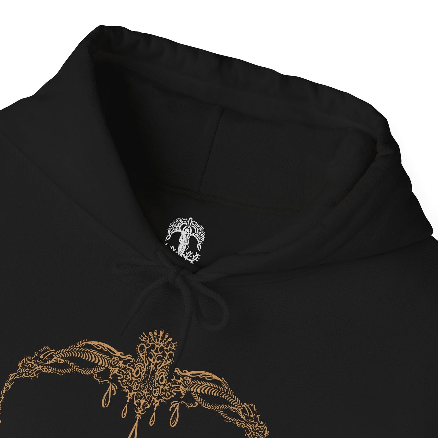 Folded Hooded Sweatshirt of Miquella guiding Consort Radahn beneath an eclipse-lit sky, blending innocence with quiet menace. Radahn’s massive frame bears the scars of endless war, while Miquella embodies eternal youth and hidden power. This design emphasizes themes of dominance, sacrifice, and the unsettling union that reshapes destiny in the Lands Between.