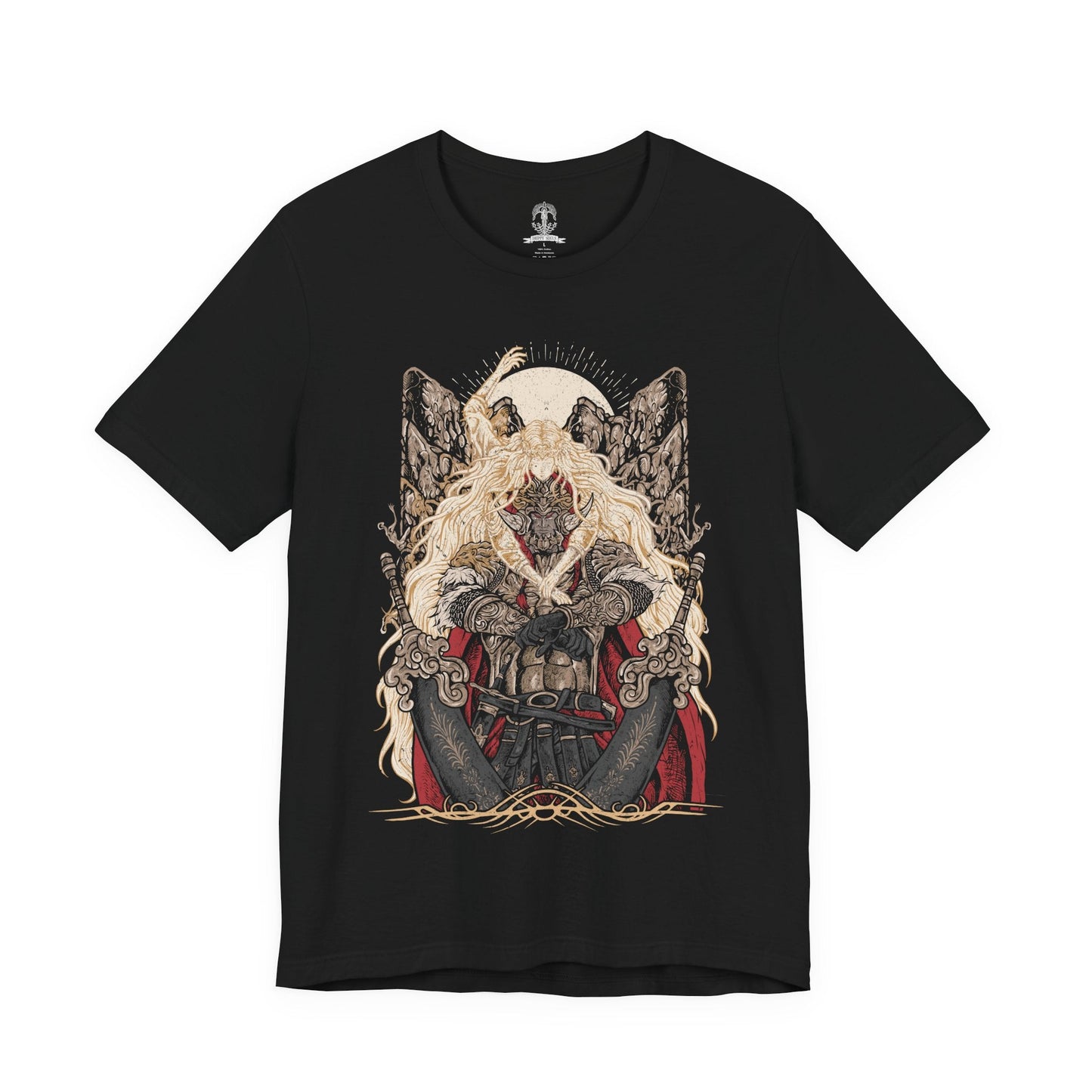 Image 4 of a T-shirt design of Consort Radahn and Miquella from Elden Ring, depicting the fallen Starscourge bound in death and devotion to the Empyrean Miquella. Radahn’s colossal, scarred form stands beneath a fractured sky while Miquella’s gentle yet ominous presence looms above, symbolizing manipulation, sacrifice, and the twisted bond forged beyond the Golden Order.