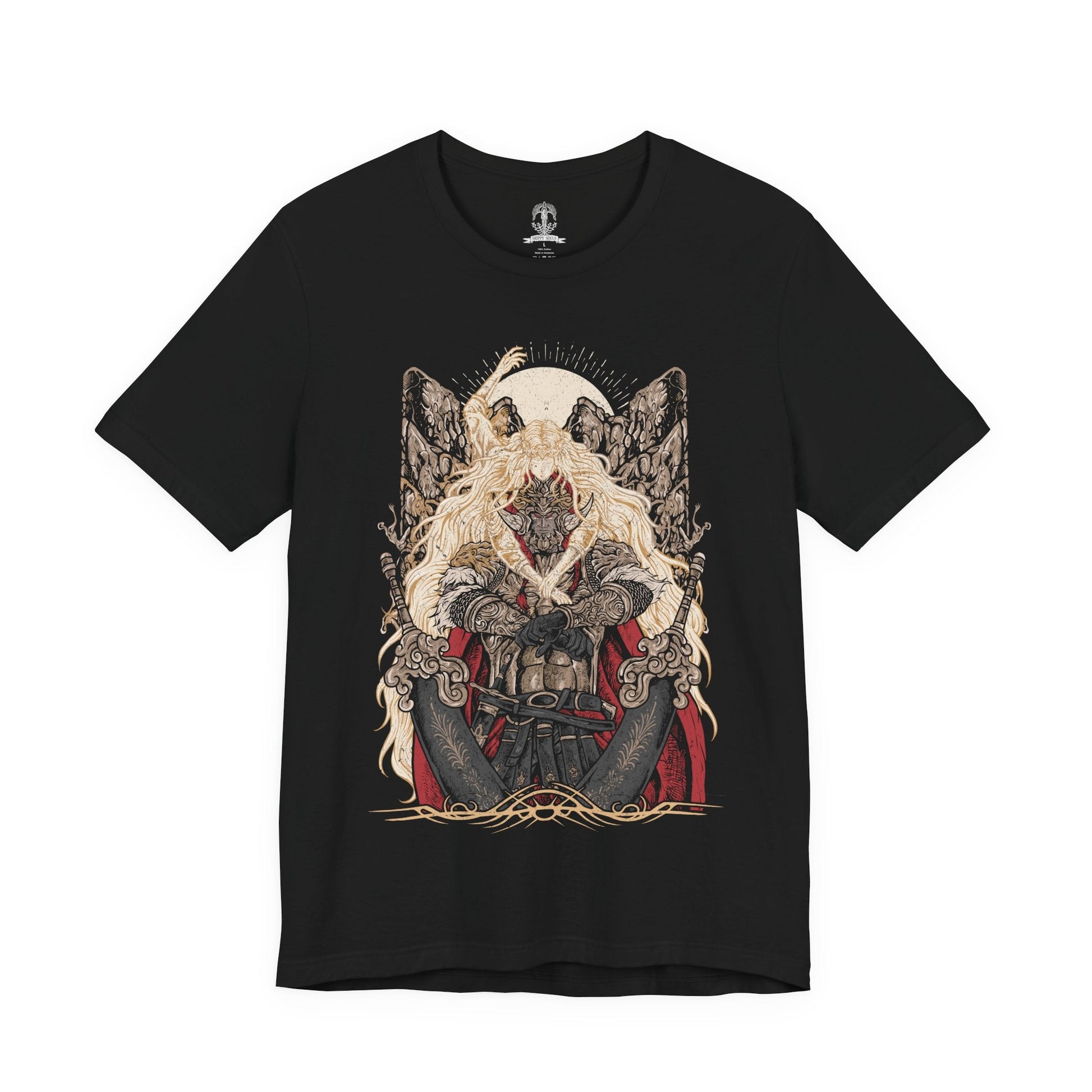 Image 4 of a T-shirt design of Consort Radahn and Miquella from Elden Ring, depicting the fallen Starscourge bound in death and devotion to the Empyrean Miquella. Radahn’s colossal, scarred form stands beneath a fractured sky while Miquella’s gentle yet ominous presence looms above, symbolizing manipulation, sacrifice, and the twisted bond forged beyond the Golden Order.