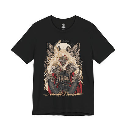 Image 4 of a T-shirt design of Consort Radahn and Miquella from Elden Ring, depicting the fallen Starscourge bound in death and devotion to the Empyrean Miquella. Radahn’s colossal, scarred form stands beneath a fractured sky while Miquella’s gentle yet ominous presence looms above, symbolizing manipulation, sacrifice, and the twisted bond forged beyond the Golden Order.