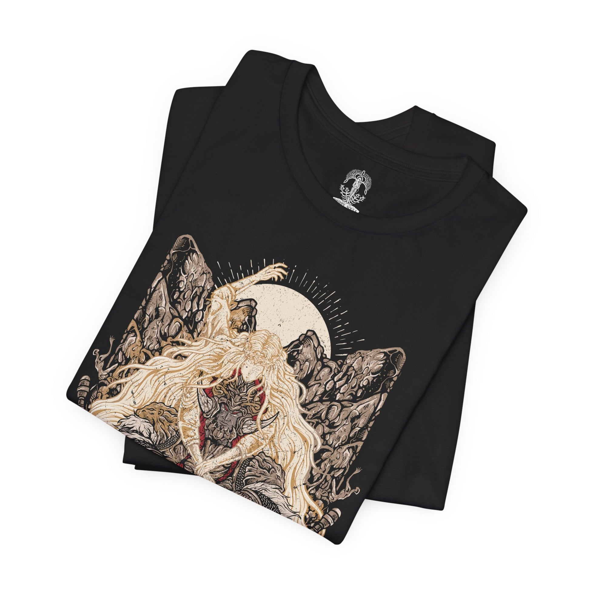Image 5 of a T-shirt design of Consort Radahn and Miquella from Elden Ring, depicting the fallen Starscourge bound in death and devotion to the Empyrean Miquella. Radahn’s colossal, scarred form stands beneath a fractured sky while Miquella’s gentle yet ominous presence looms above, symbolizing manipulation, sacrifice, and the twisted bond forged beyond the Golden Order.