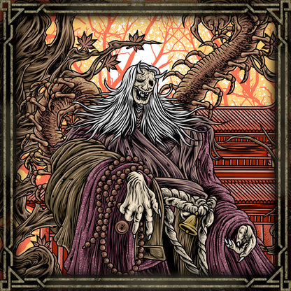 Artwork of Corrupted Monk. The Corrupted Monk stands watch over the path to Mibu Village, an undead illusion sustained by parasitic immortality. Infested with a writhing centipede, her body refuses death, moving through ritualistic sword forms despite fatal wounds. She embodies the curse of false divinity and the horror of those who seek eternal life in Sekiro’s haunted, decaying world.