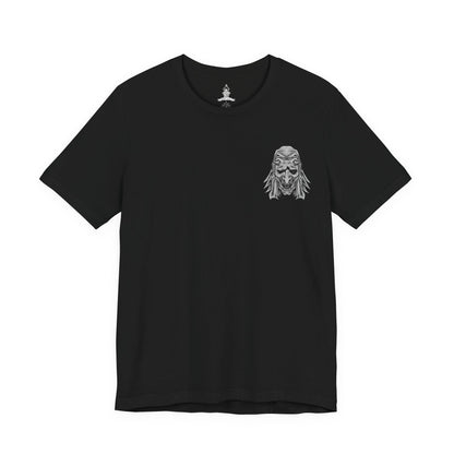 Image 4 of a T-shirt artwork depicting the Corrupted Monk’s spectral form torn open to reveal the centipede controlling her corpse. Rotting armor, broken prayer beads, and drifting incense surround the scene as the parasite coils through bone and sinew. This design reflects the blasphemous pursuit of immortality, the corruption of sacred vows, and the nightmarish consequences of defying death in Sekiro’s mythos.