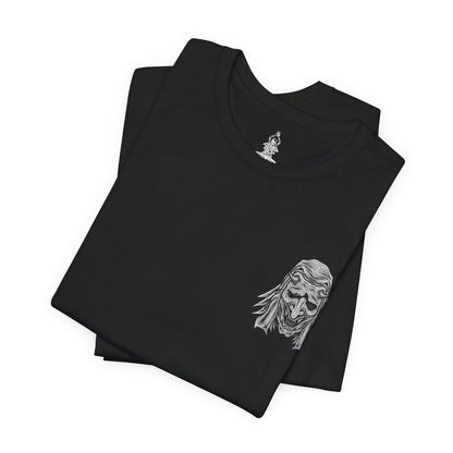 Image 6 of a T-shirt artwork depicting the Corrupted Monk’s spectral form torn open to reveal the centipede controlling her corpse. Rotting armor, broken prayer beads, and drifting incense surround the scene as the parasite coils through bone and sinew. This design reflects the blasphemous pursuit of immortality, the corruption of sacred vows, and the nightmarish consequences of defying death in Sekiro’s mythos.
