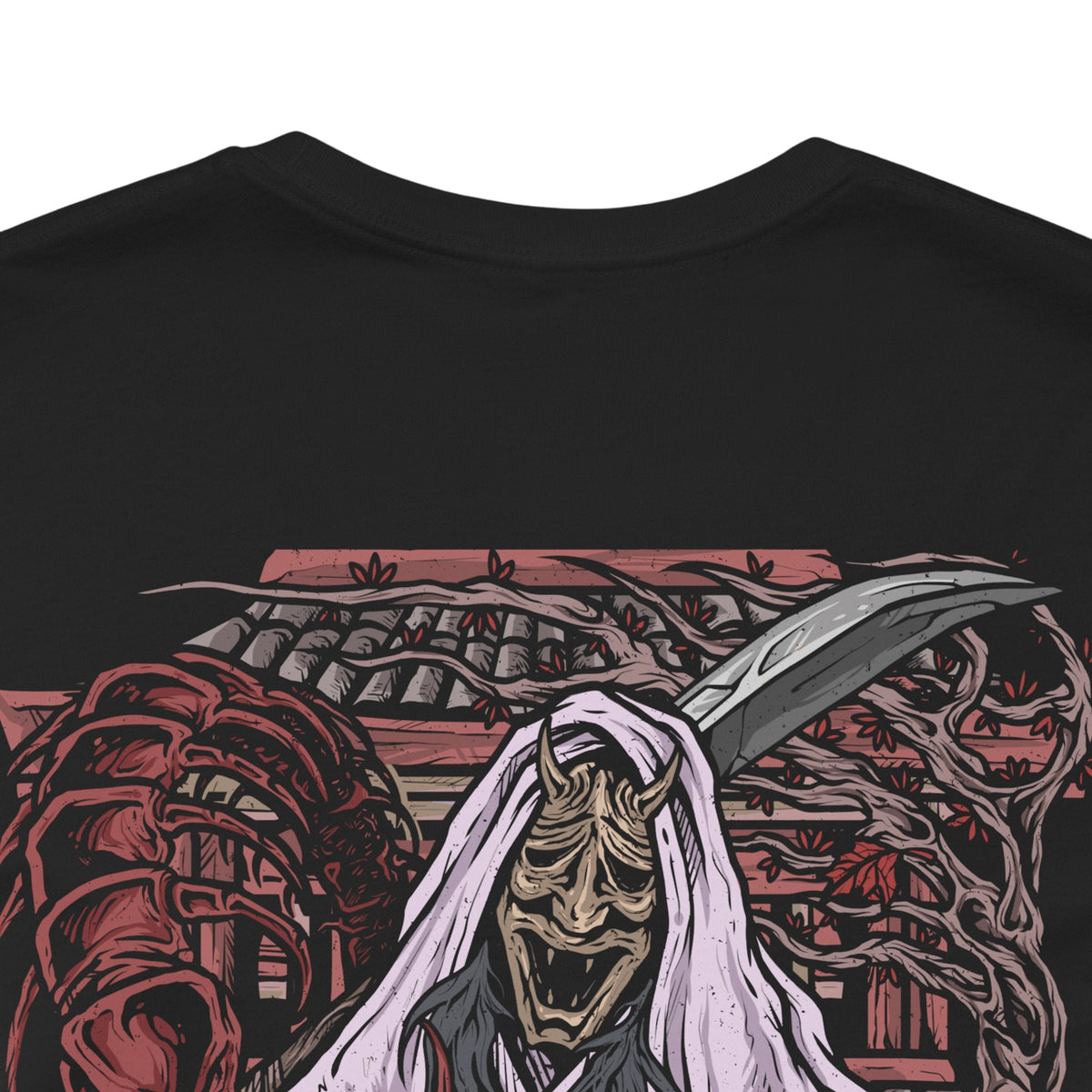 Image 7 of a T-shirt artwork depicting the Corrupted Monk’s spectral form torn open to reveal the centipede controlling her corpse. Rotting armor, broken prayer beads, and drifting incense surround the scene as the parasite coils through bone and sinew. This design reflects the blasphemous pursuit of immortality, the corruption of sacred vows, and the nightmarish consequences of defying death in Sekiro’s mythos.