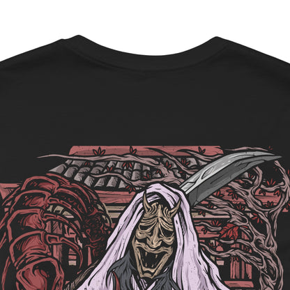 Image 7 of a T-shirt artwork depicting the Corrupted Monk’s spectral form torn open to reveal the centipede controlling her corpse. Rotting armor, broken prayer beads, and drifting incense surround the scene as the parasite coils through bone and sinew. This design reflects the blasphemous pursuit of immortality, the corruption of sacred vows, and the nightmarish consequences of defying death in Sekiro’s mythos.