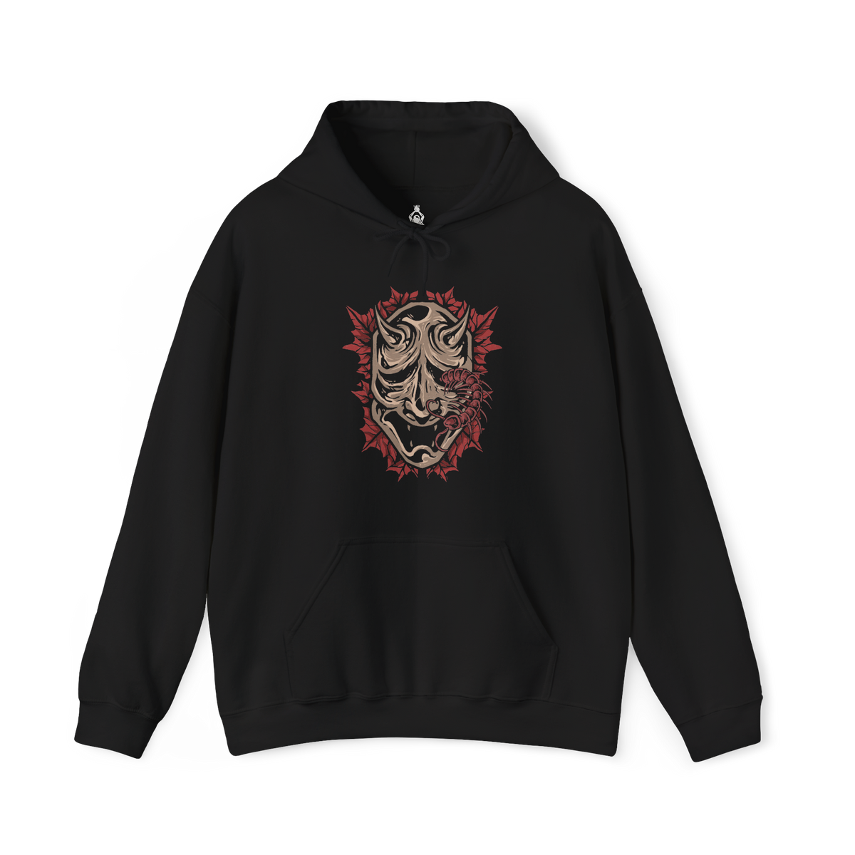 Image 4 of a Hooded Sweatshirt of the Corrupted Monk standing amid crimson mist as the centipede parasite emerges from her body, its segmented form gleaming with unnatural life. Temple ruins loom behind her while ghostly petals drift through the air, emphasizing the clash between holy devotion and monstrous survival. The design conveys horror, decay, and the cursed persistence that defines Ashina’s fallen guardians.