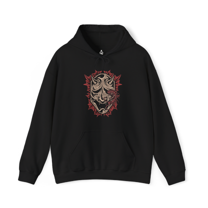 Image 4 of a Hooded Sweatshirt of the Corrupted Monk standing amid crimson mist as the centipede parasite emerges from her body, its segmented form gleaming with unnatural life. Temple ruins loom behind her while ghostly petals drift through the air, emphasizing the clash between holy devotion and monstrous survival. The design conveys horror, decay, and the cursed persistence that defines Ashina’s fallen guardians.