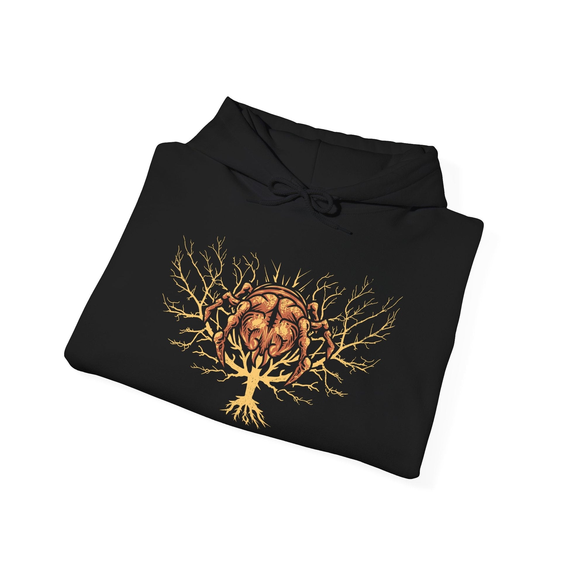 Image 6 of a Hooded Sweatshirt of the Corrupted Monk standing amid crimson mist as the centipede parasite emerges from her body, its segmented form gleaming with unnatural life. Temple ruins loom behind her while ghostly petals drift through the air, emphasizing the clash between holy devotion and monstrous survival. The design conveys horror, decay, and the cursed persistence that defines Ashina’s fallen guardians.