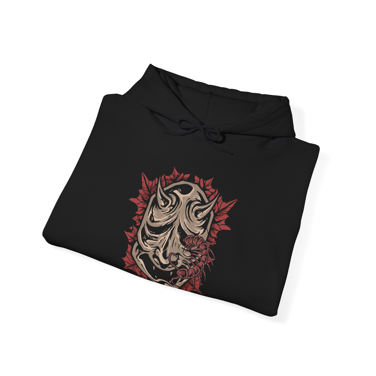 Image 6 of a Hooded Sweatshirt of the Corrupted Monk standing amid crimson mist as the centipede parasite emerges from her body, its segmented form gleaming with unnatural life. Temple ruins loom behind her while ghostly petals drift through the air, emphasizing the clash between holy devotion and monstrous survival. The design conveys horror, decay, and the cursed persistence that defines Ashina’s fallen guardians.