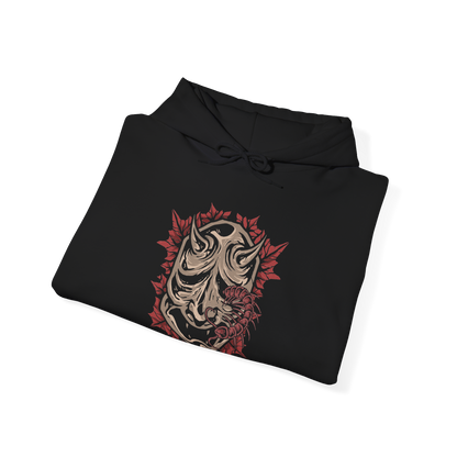 Image 6 of a Hooded Sweatshirt of the Corrupted Monk standing amid crimson mist as the centipede parasite emerges from her body, its segmented form gleaming with unnatural life. Temple ruins loom behind her while ghostly petals drift through the air, emphasizing the clash between holy devotion and monstrous survival. The design conveys horror, decay, and the cursed persistence that defines Ashina’s fallen guardians.