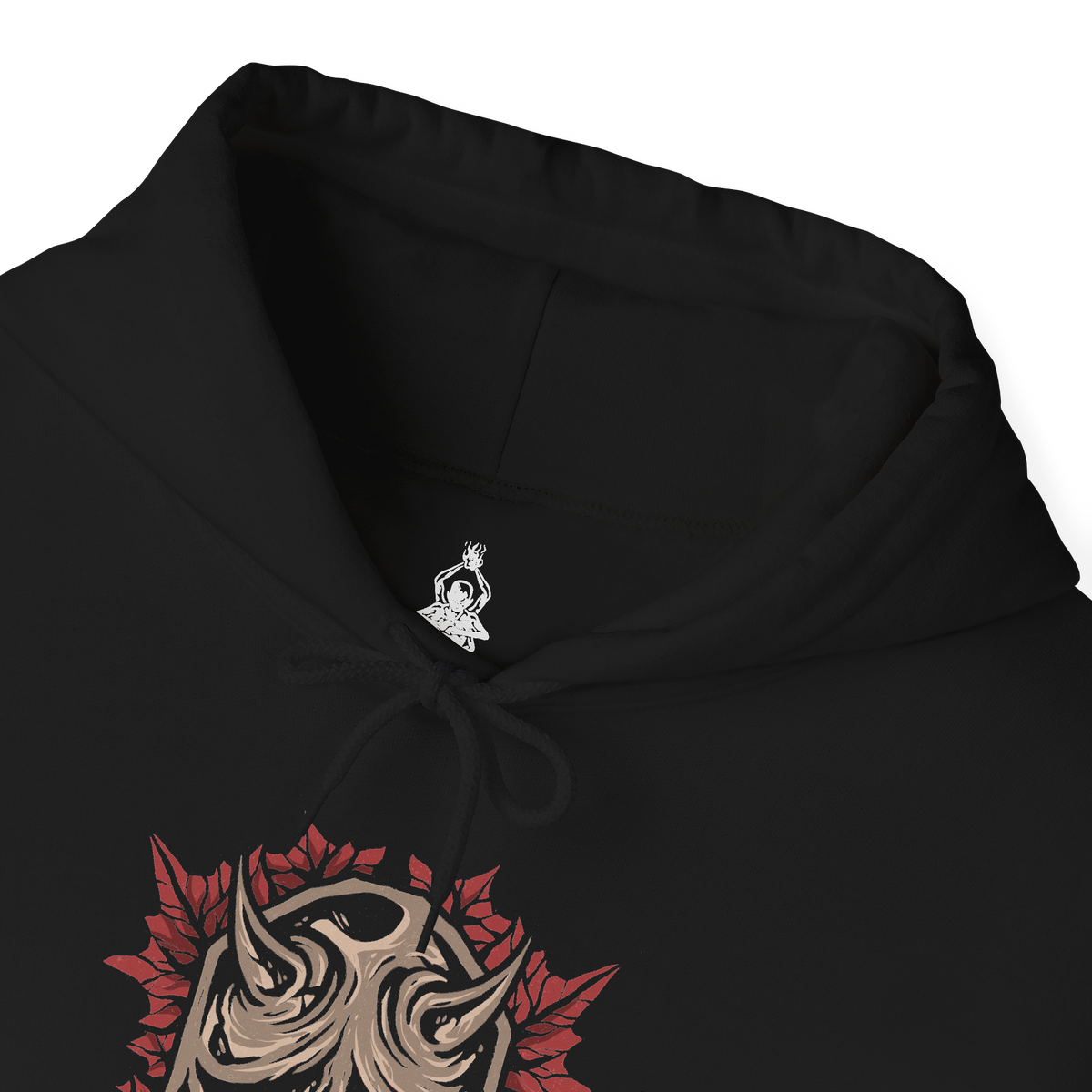 Folded Hooded Sweatshirt of the Corrupted Monk standing amid crimson mist as the centipede parasite emerges from her body, its segmented form gleaming with unnatural life. Temple ruins loom behind her while ghostly petals drift through the air, emphasizing the clash between holy devotion and monstrous survival. The design conveys horror, decay, and the cursed persistence that defines Ashina’s fallen guardians.