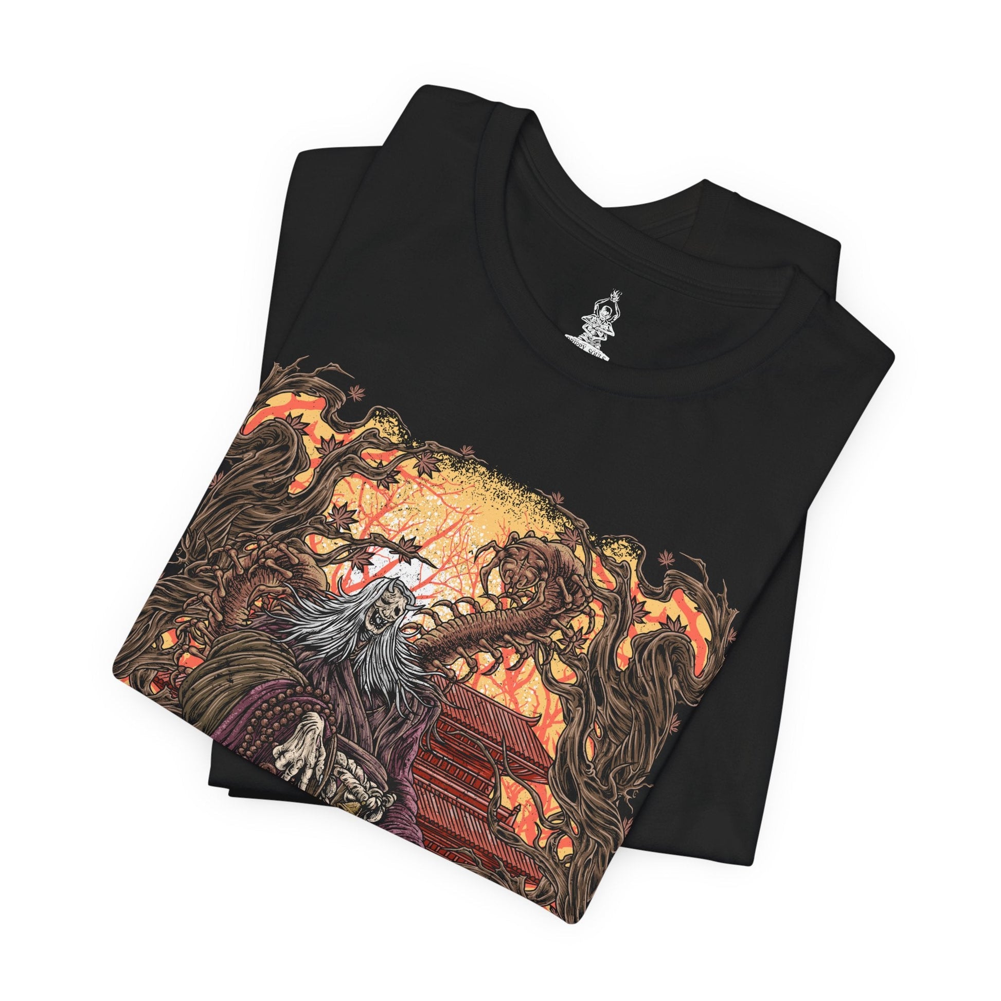 Image 5 of a T-shirt design of the Corrupted Monk from Sekiro: Shadows Die Twice, revealing the grotesque centipede parasite that animates her decayed body. Torn robes flutter as purple mist and corrupted energy coil around her, while the massive insect writhes within exposed flesh. The design captures the horrific fusion of monk and creature, symbolizing immortality twisted into rot beneath Ashina’s haunted temples.