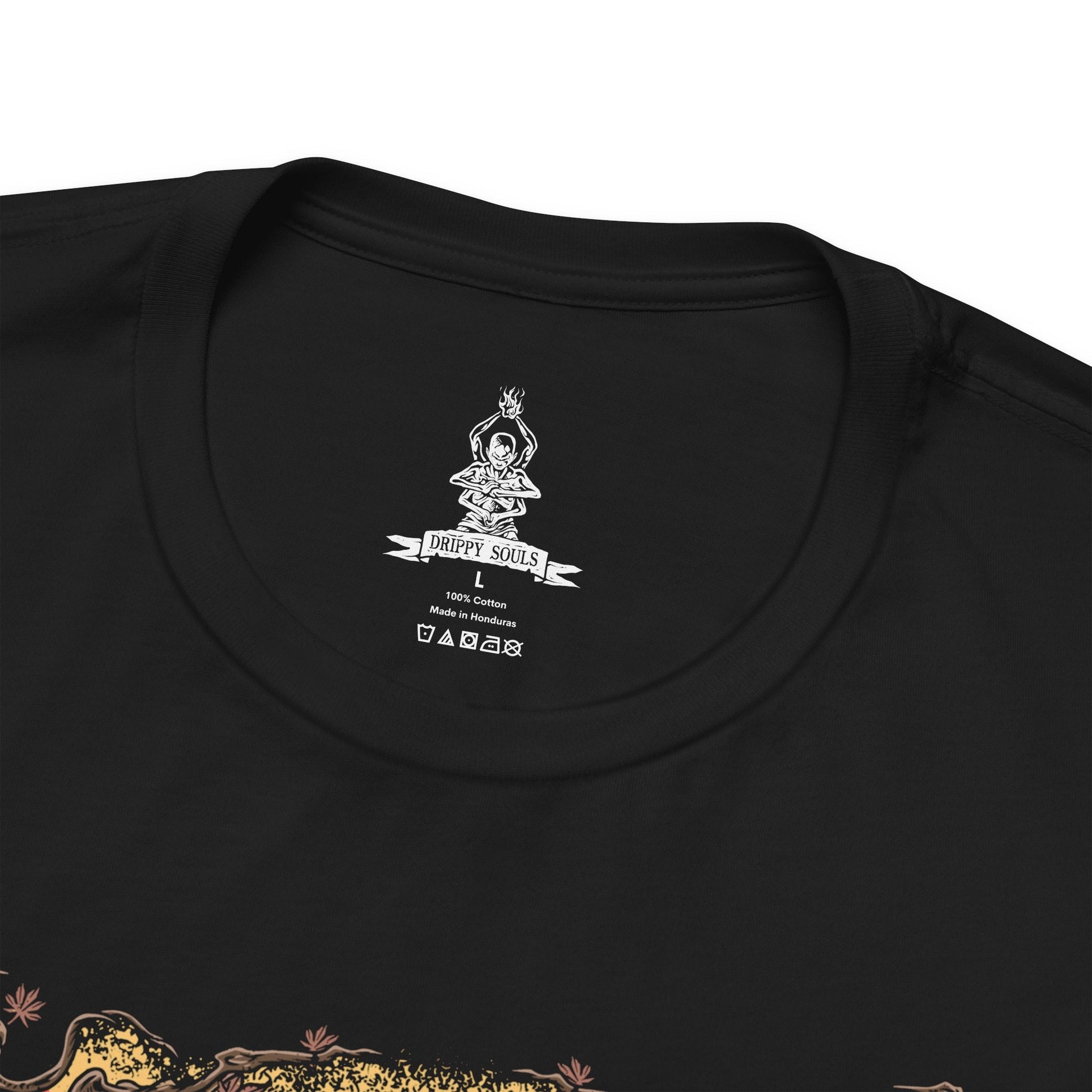 Folded T-shirt design of the Corrupted Monk from Sekiro: Shadows Die Twice, revealing the grotesque centipede parasite that animates her decayed body. Torn robes flutter as purple mist and corrupted energy coil around her, while the massive insect writhes within exposed flesh. The design captures the horrific fusion of monk and creature, symbolizing immortality twisted into rot beneath Ashina’s haunted temples.