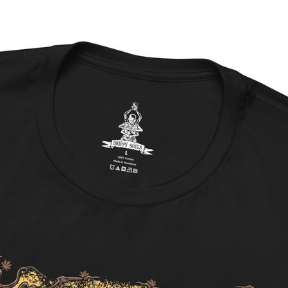 Folded T-shirt design of the Corrupted Monk from Sekiro: Shadows Die Twice, revealing the grotesque centipede parasite that animates her decayed body. Torn robes flutter as purple mist and corrupted energy coil around her, while the massive insect writhes within exposed flesh. The design captures the horrific fusion of monk and creature, symbolizing immortality twisted into rot beneath Ashina’s haunted temples.