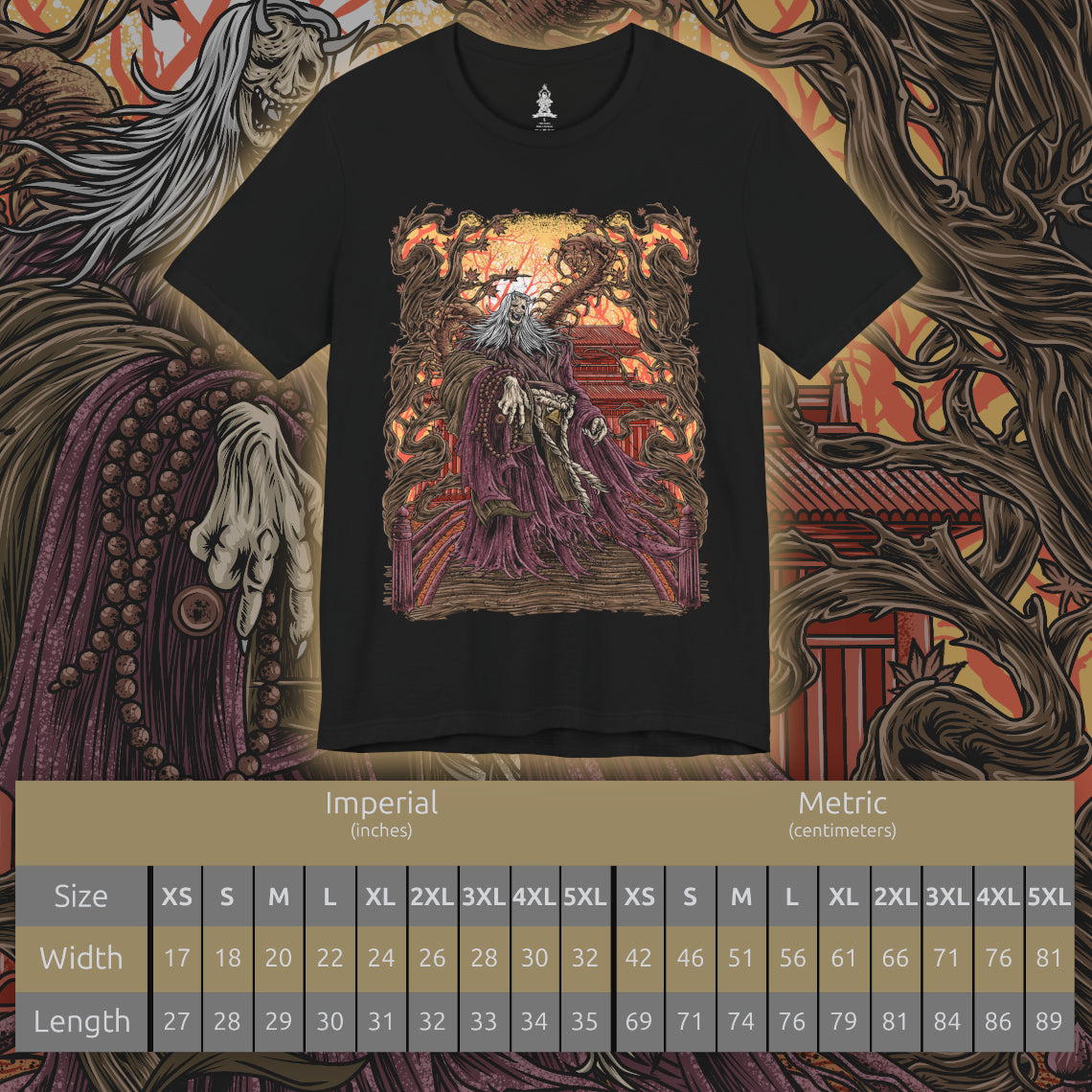 Size chart of a T-shirt design of the Corrupted Monk from Sekiro: Shadows Die Twice, revealing the grotesque centipede parasite that animates her decayed body. Torn robes flutter as purple mist and corrupted energy coil around her, while the massive insect writhes within exposed flesh. The design captures the horrific fusion of monk and creature, symbolizing immortality twisted into rot beneath Ashina’s haunted temples.