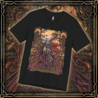 Thumbnail of a T-shirt design of the Corrupted Monk from Sekiro: Shadows Die Twice, revealing the grotesque centipede parasite that animates her decayed body. Torn robes flutter as purple mist and corrupted energy coil around her, while the massive insect writhes within exposed flesh. The design captures the horrific fusion of monk and creature, symbolizing immortality twisted into rot beneath Ashina’s haunted temples.